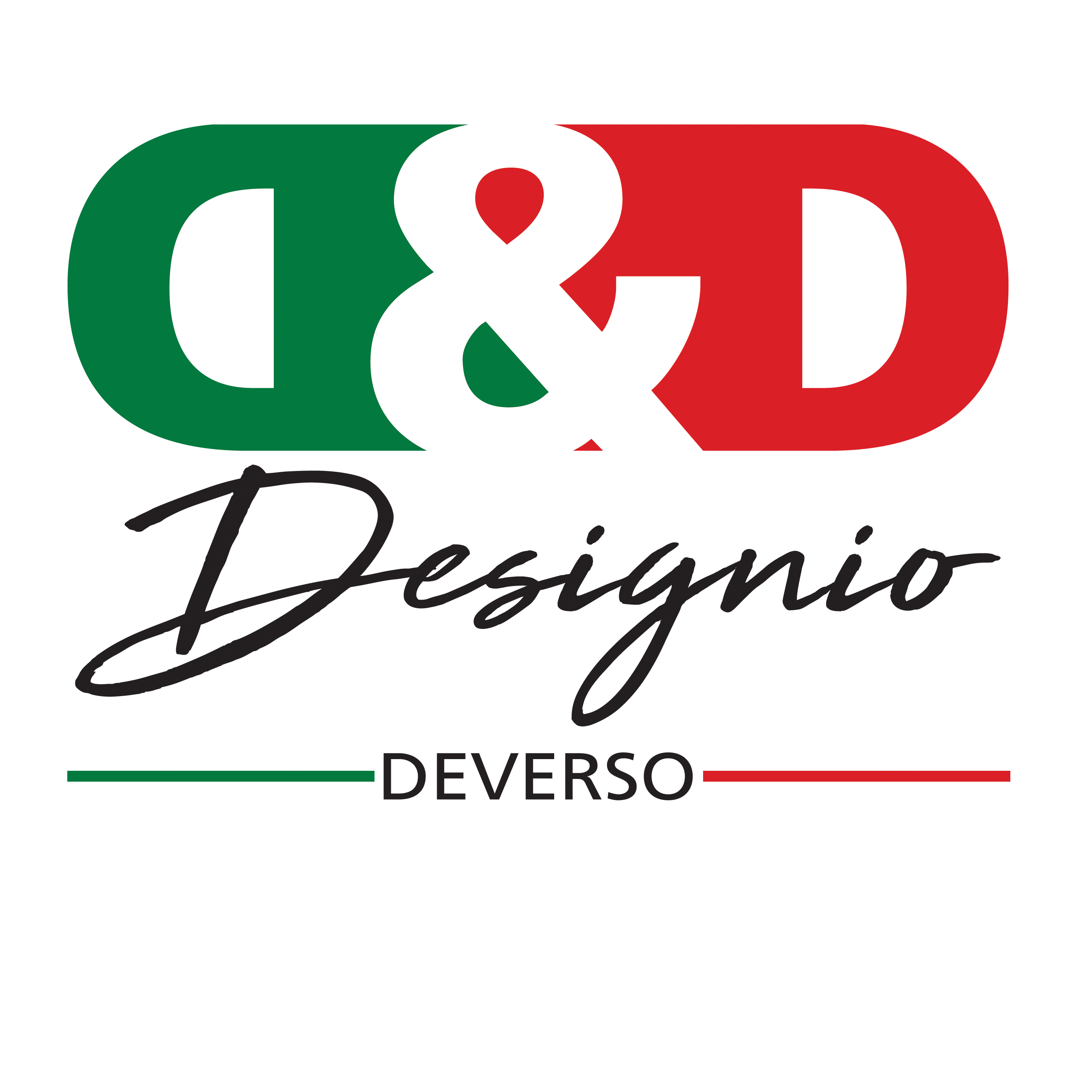 Logo featuring two large stylized capital D letters, the left in green and the right in red, with a bold white ampersand between them. Below, the word Designio appears in elegant script and Deverso in bold uppercase letters, flanked by green and red lines. The text reads D and D, Designio, Deverso. The design conveys a modern, creative, and sophisticated atmosphere.